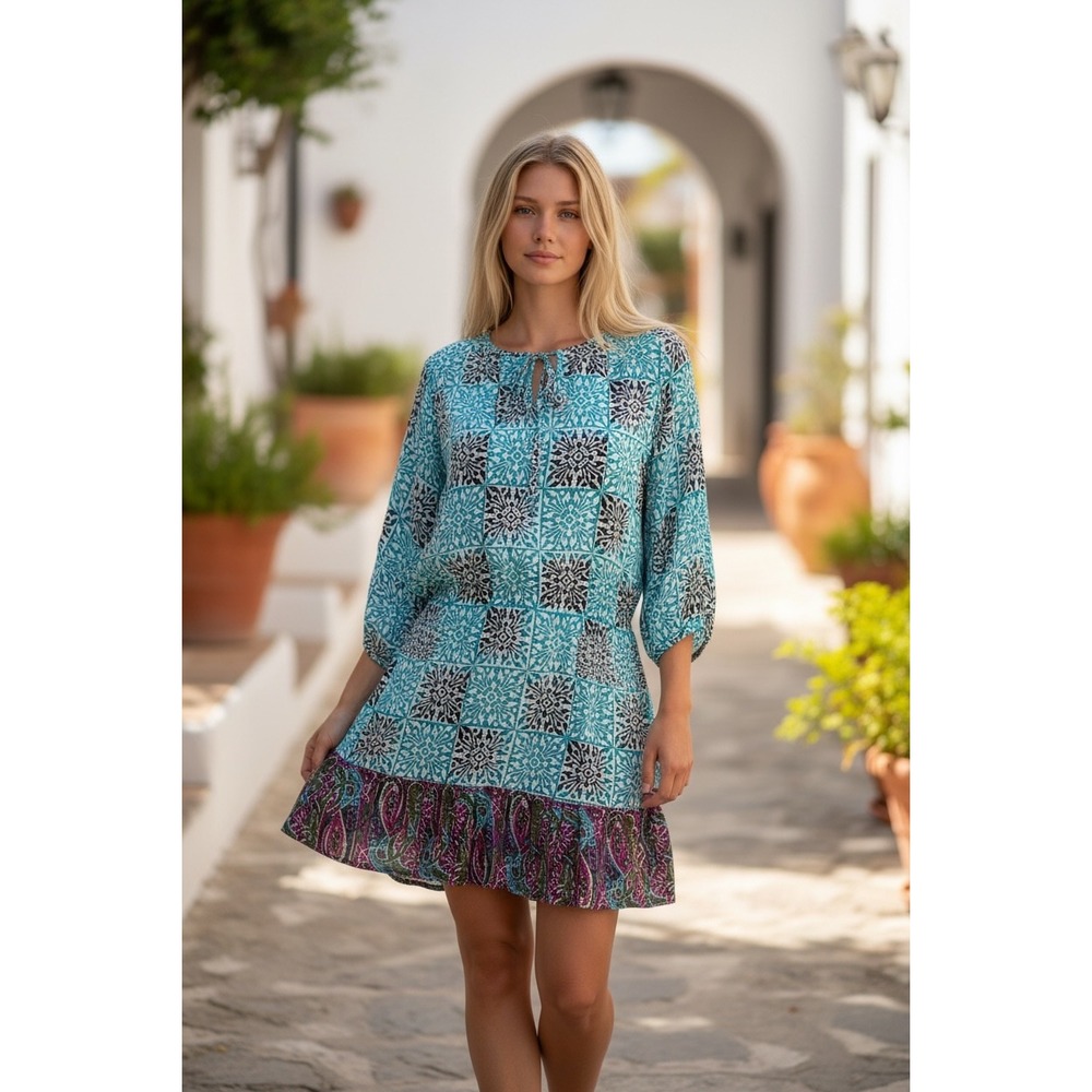 Tolani SILK Boho Teal Geometric Tile Print Mini Dress Paisley Boho Tie Neck Sz S